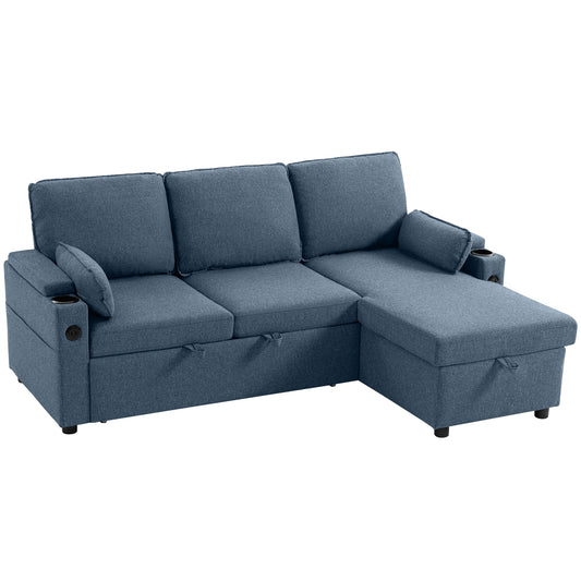 HOMCOM Corner Sofa Bed, L Shaped Sleeper Sectional Sofa with Reversible Storage Chaise, Blue