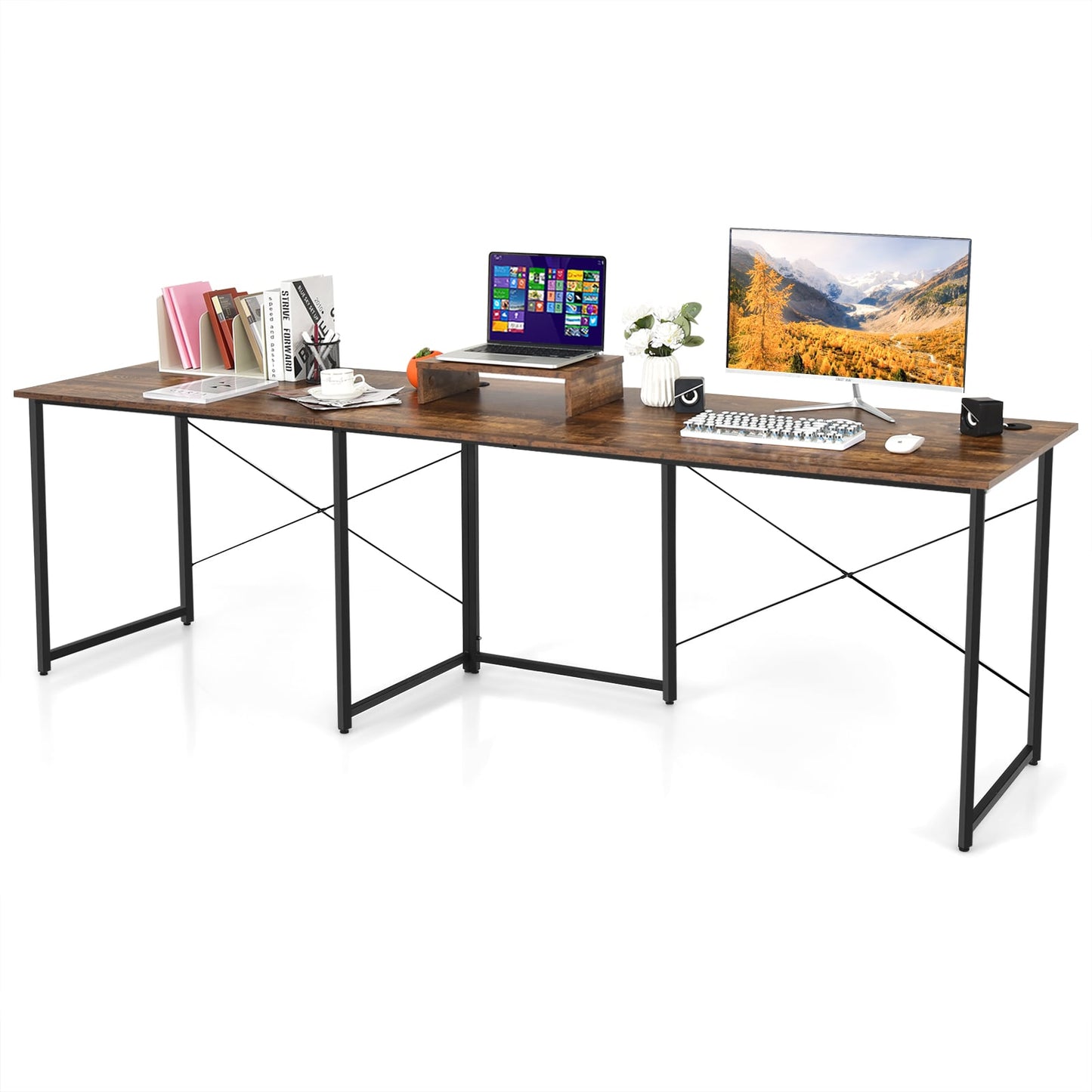 Reversible Corner Study Workstation and Writing Desk with Monitor Stand-Rustic Brown