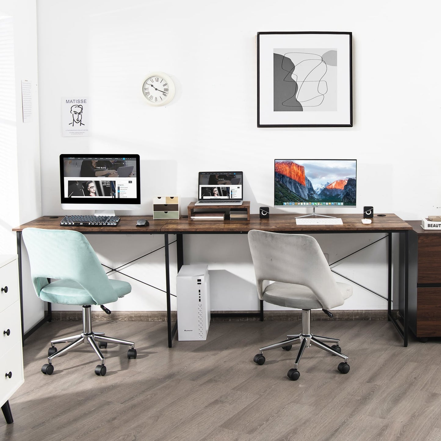 Reversible Corner Study Workstation and Writing Desk with Monitor Stand-Rustic Brown