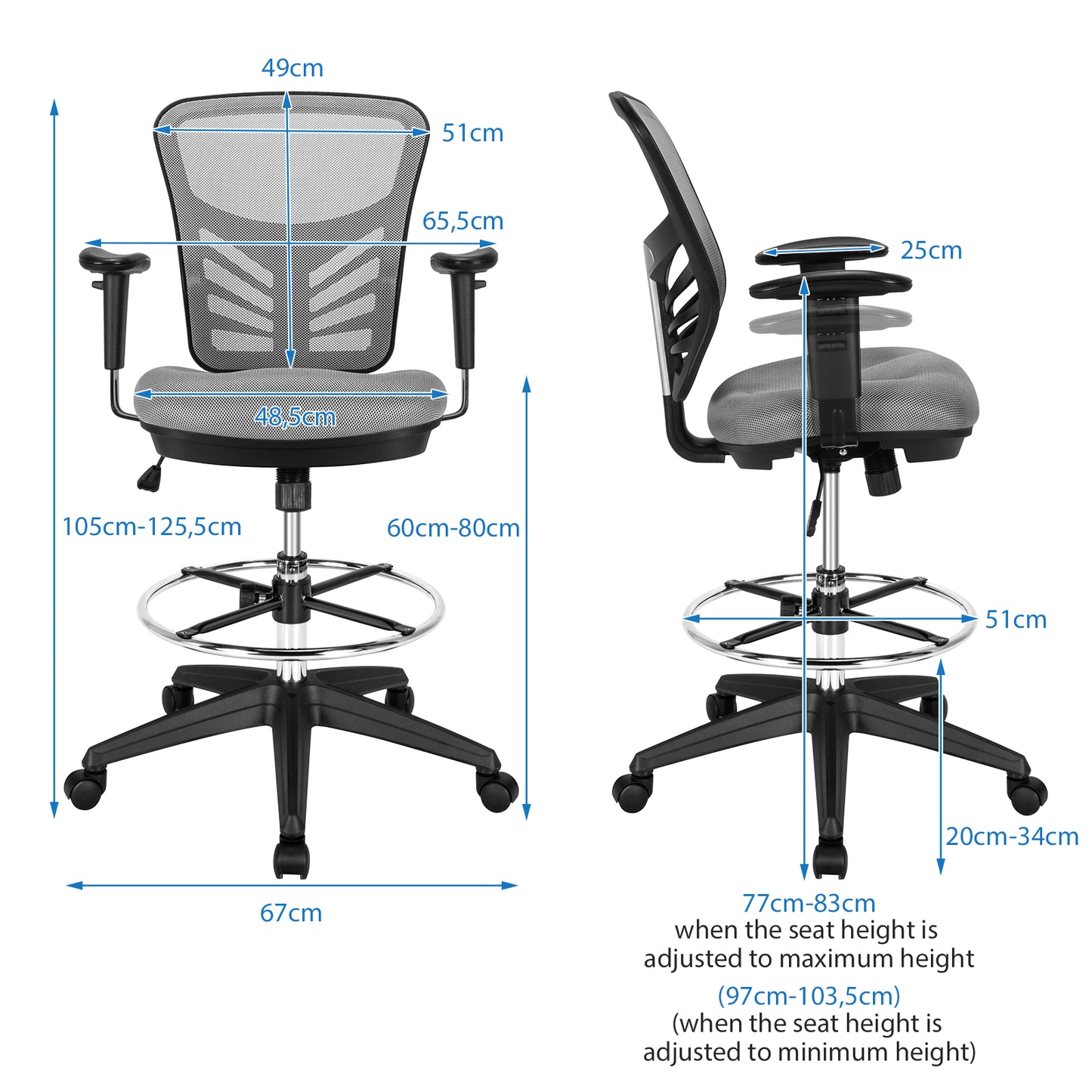 Mesh Drafting Chair with Adjustable Footrest-Grey