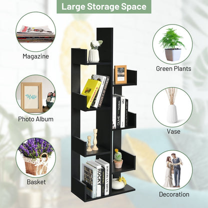 Tree-Shaped Bookshelf with 8 Storage Shelves-Black