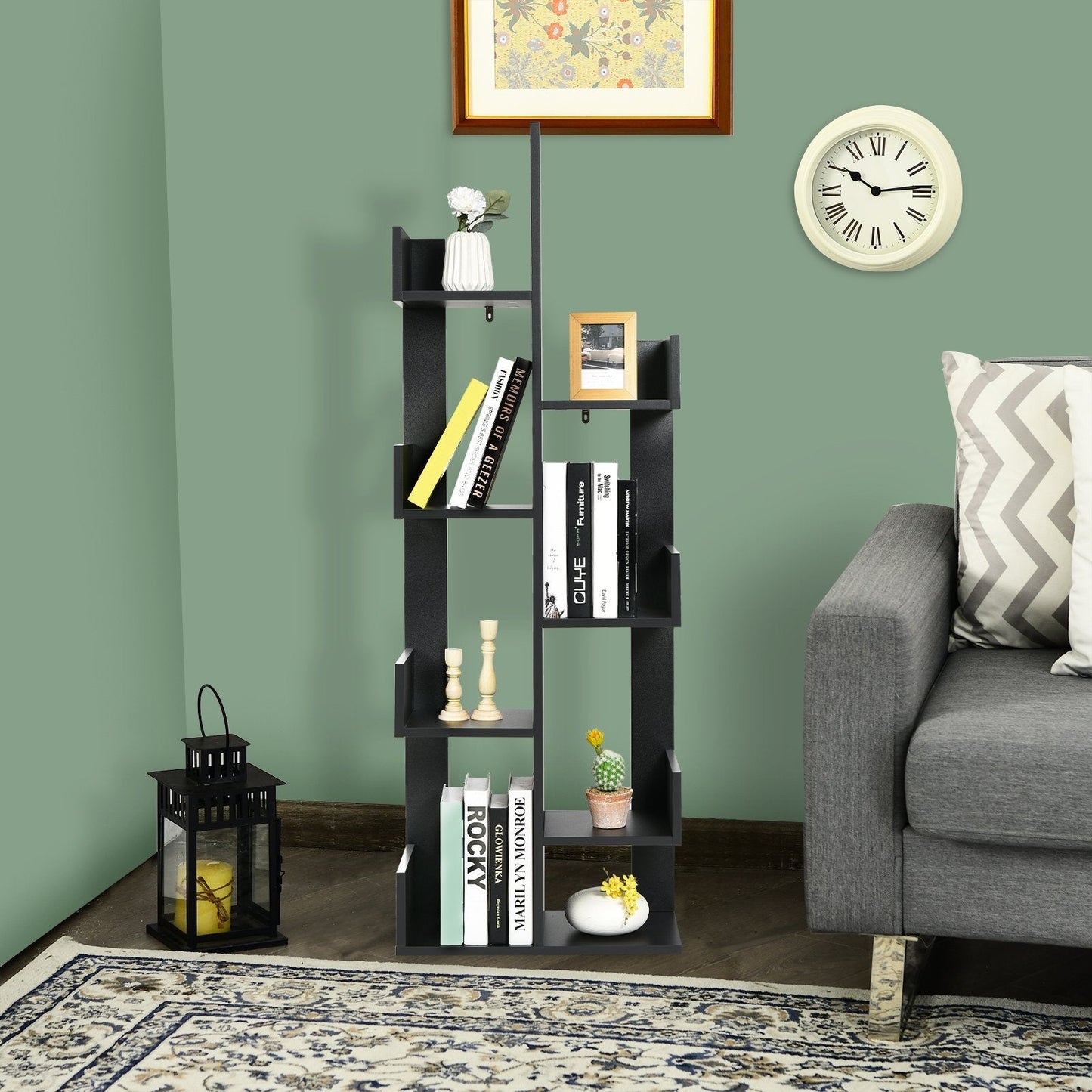 Tree-Shaped Bookshelf with 8 Storage Shelves-Black