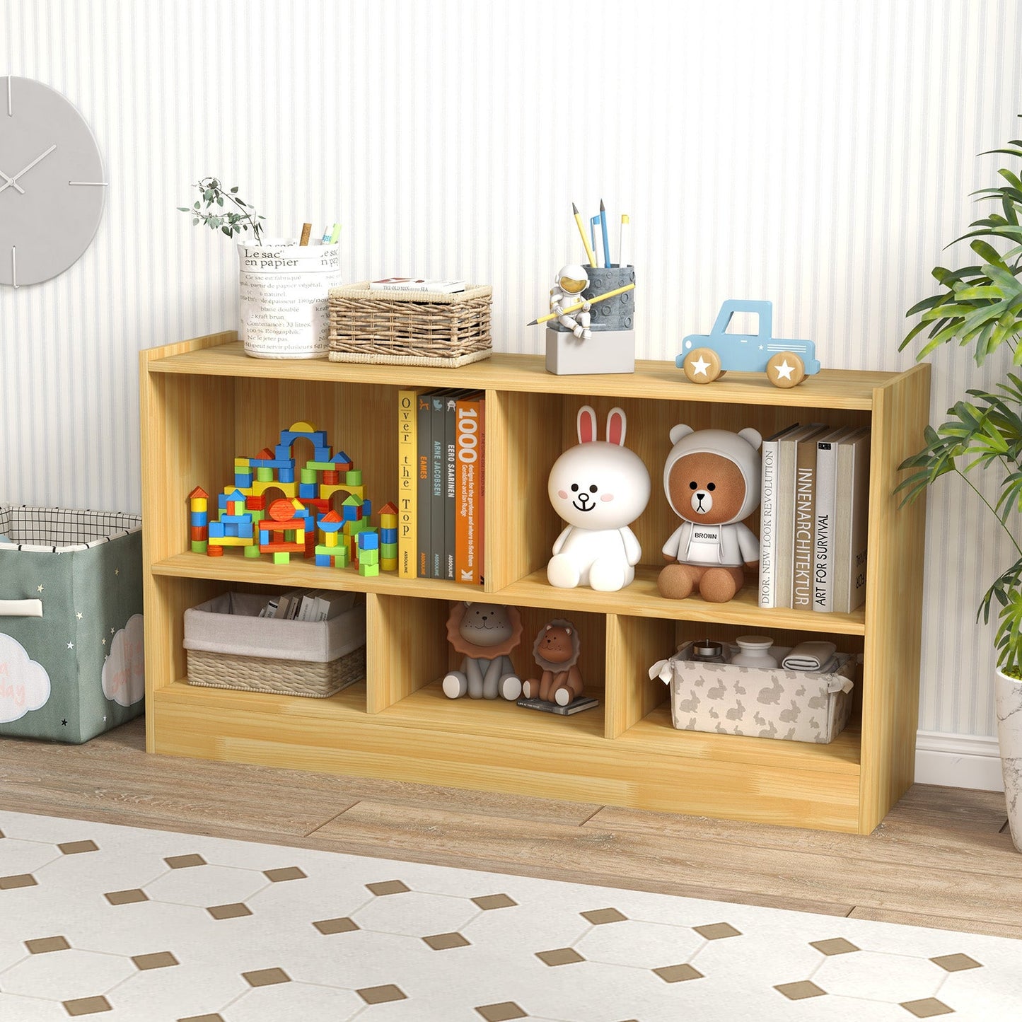 2-Tier Wooden Kids Bookcase with 5 Compartments for Playroom Study-Wood