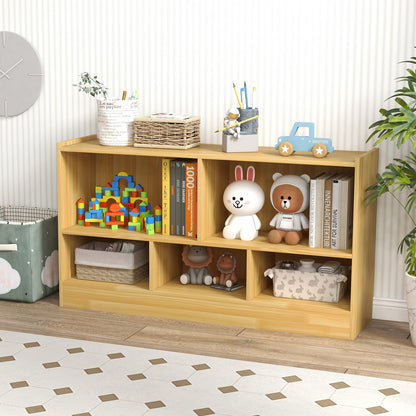 2-Tier Wooden Kids Bookcase with 5 Compartments for Playroom Study-Wood