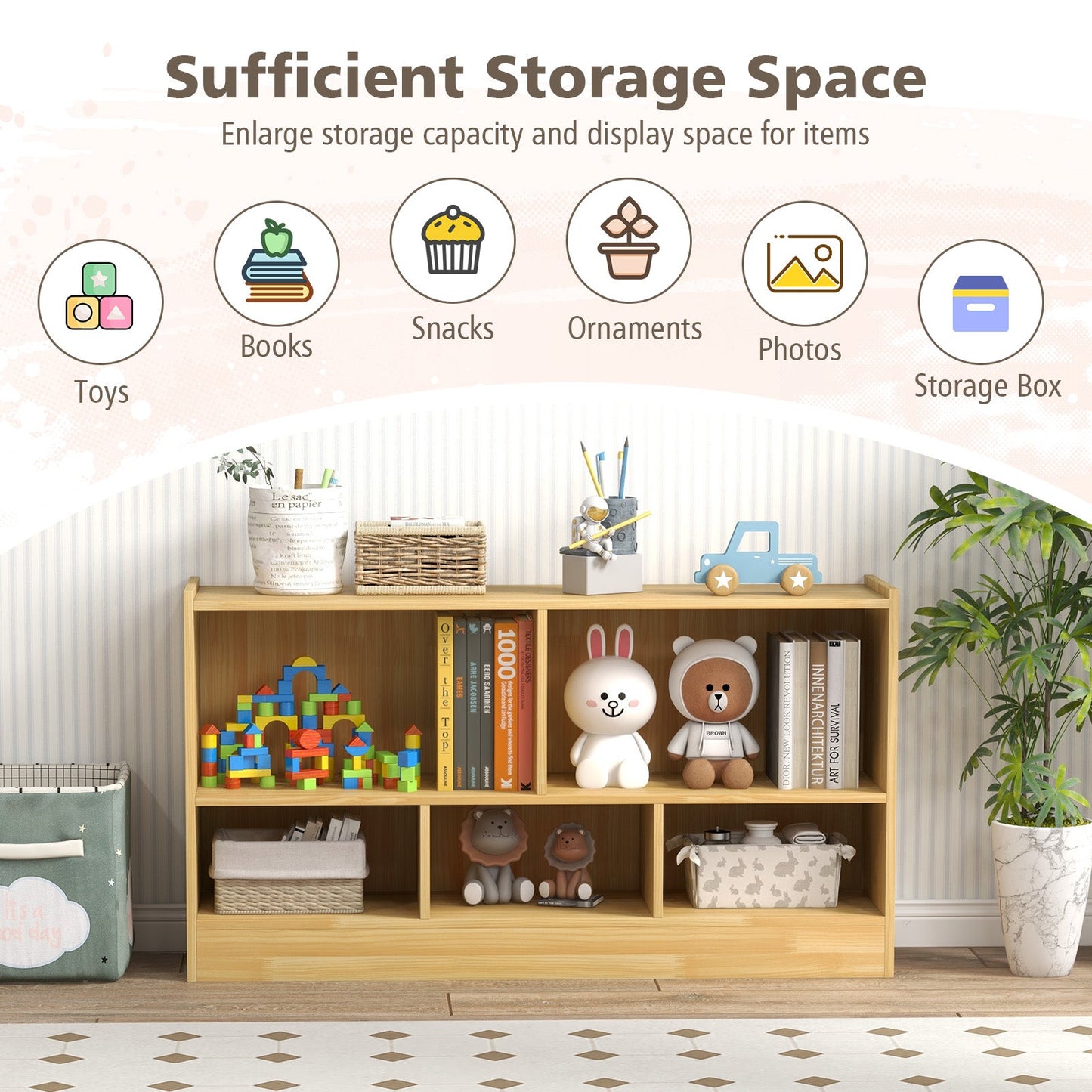 2-Tier Wooden Kids Bookcase with 5 Compartments for Playroom Study-Wood