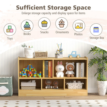 2-Tier Wooden Kids Bookcase with 5 Compartments for Playroom Study-Wood