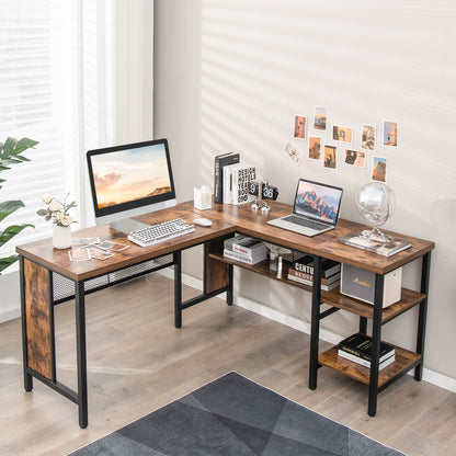 150 x 140 x 75cm Large Corner L-Shaped Computer Desk with 3 Storage Shelves-Rustic Brown