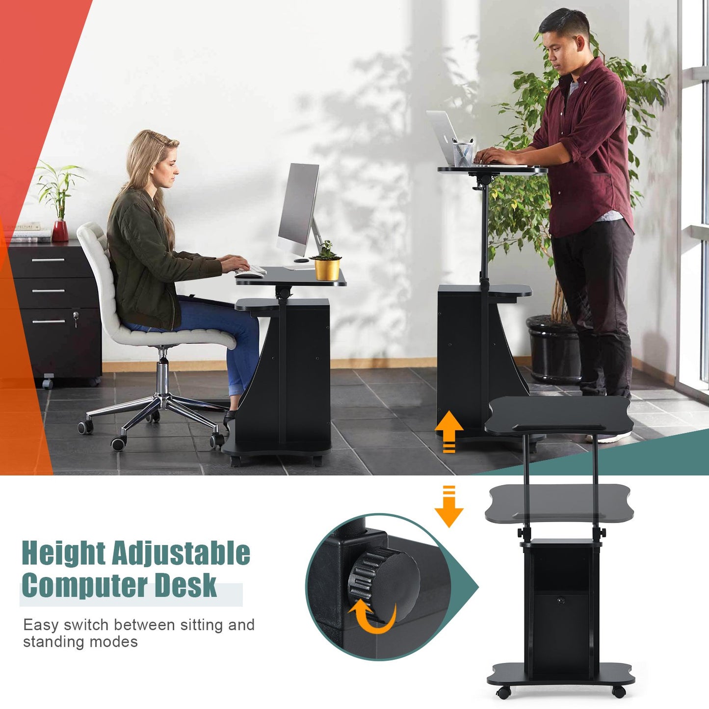 Mobile Laptop Table with Adjustable Height and Storage Cabinet-Black