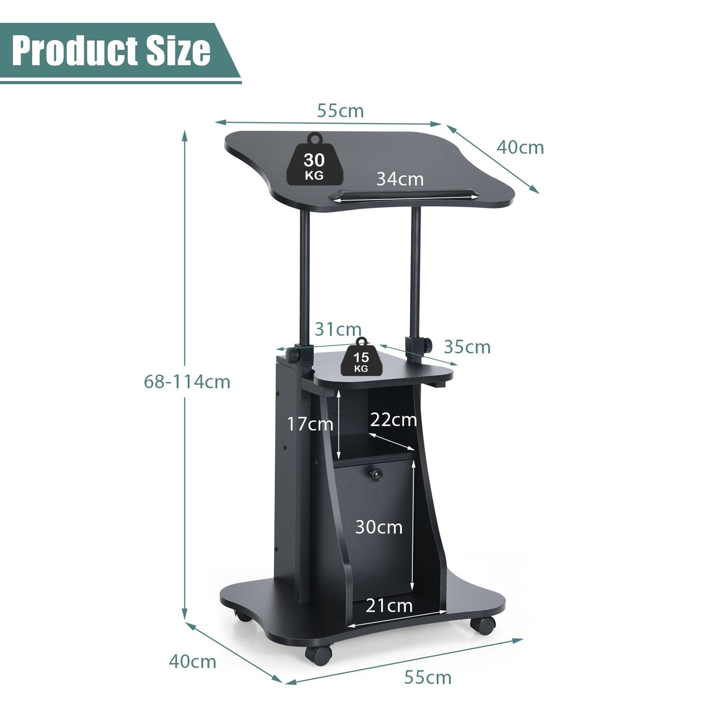 Mobile Laptop Table with Adjustable Height and Storage Cabinet-Black