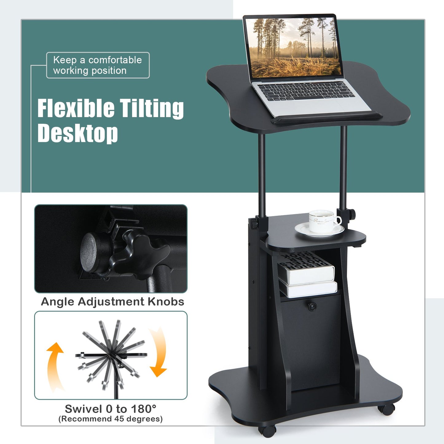 Mobile Laptop Table with Adjustable Height and Storage Cabinet-Black