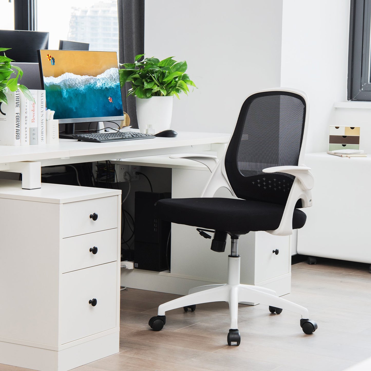 Height Adjust Swivel Rolling Mesh Office Chair with Ergonomic Mid-Back-White