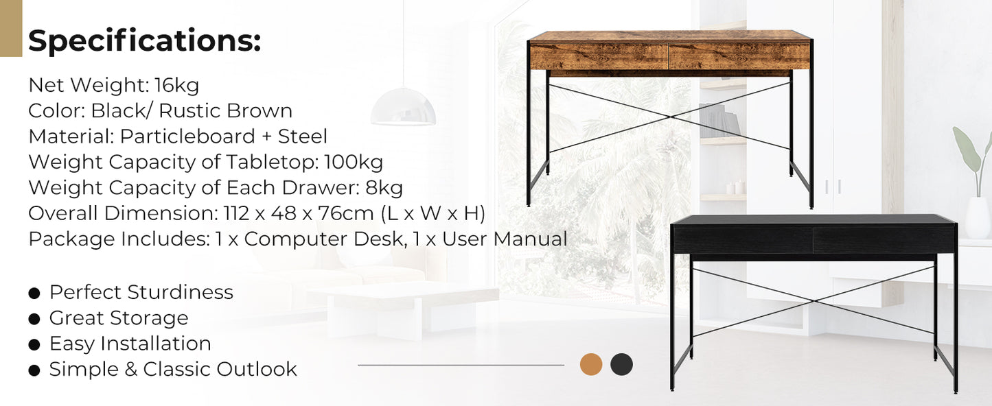 Wooden Study Computer Desk with 2 Drawers, 112 x 48 x 76cm -Brown