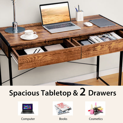 112 x 48 x 76cm Wooden Study Computer Desk with 2 Drawers-Rustic Brown