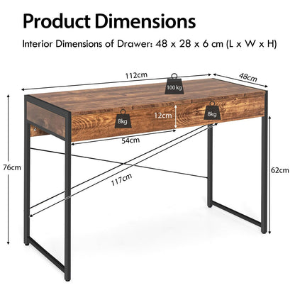 112 x 48 x 76cm Wooden Study Computer Desk with 2 Drawers-Rustic Brown