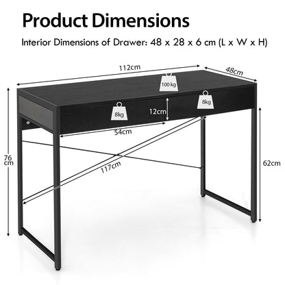 112 x 48 x 76cm Wooden Study Computer Desk with 2 Drawers-Black