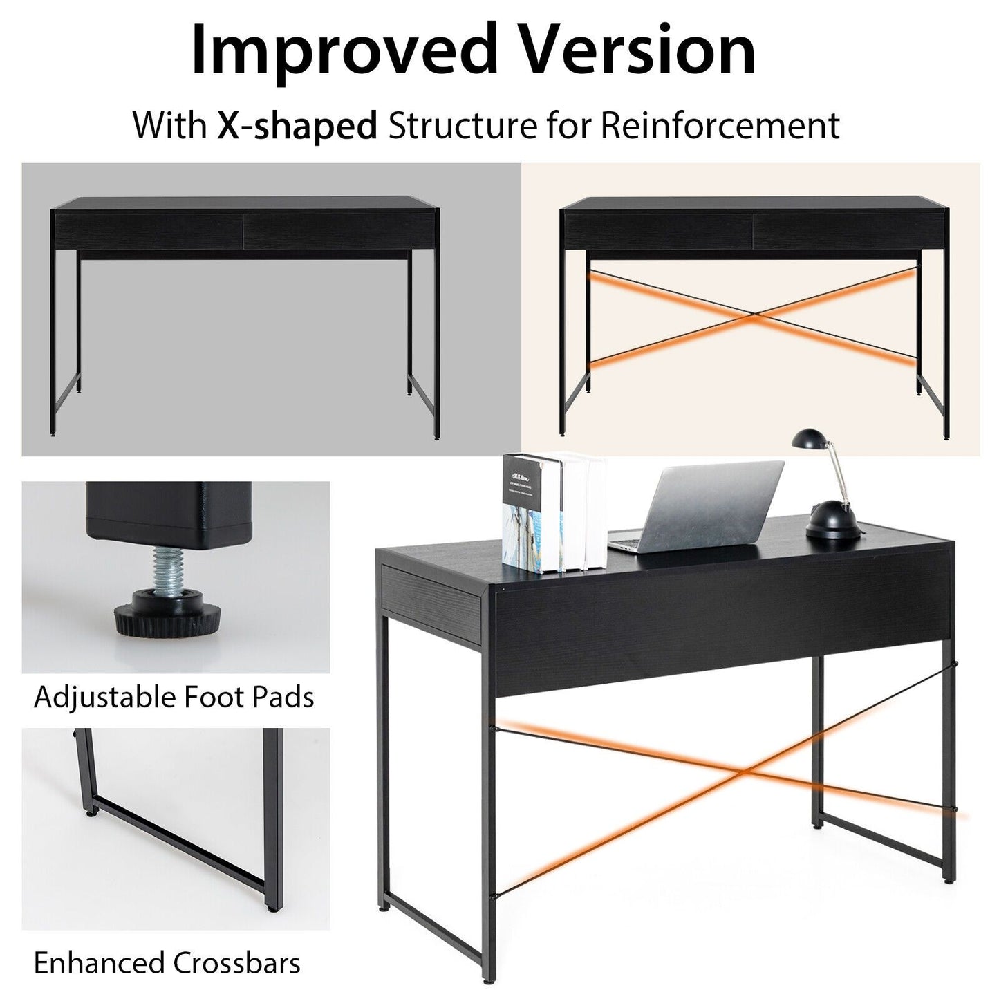 112 x 48 x 76cm Wooden Study Computer Desk with 2 Drawers-Black