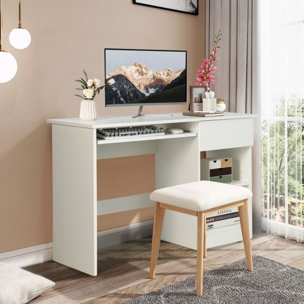 Modern Wooden Office Computer Desk with Keyboard Tray-White
