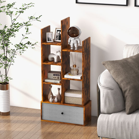 7-Tier Wooden Bookshelf with Folding Drawer for Study Living Room-Rustic Brown