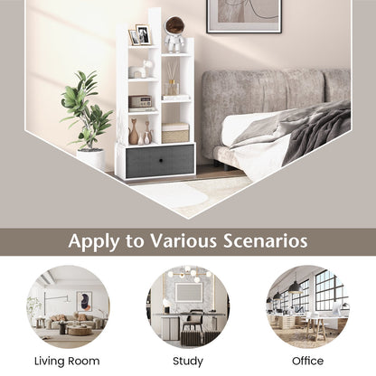 7-Tier Wooden Bookshelf with Folding Drawer for Study Living Room-White