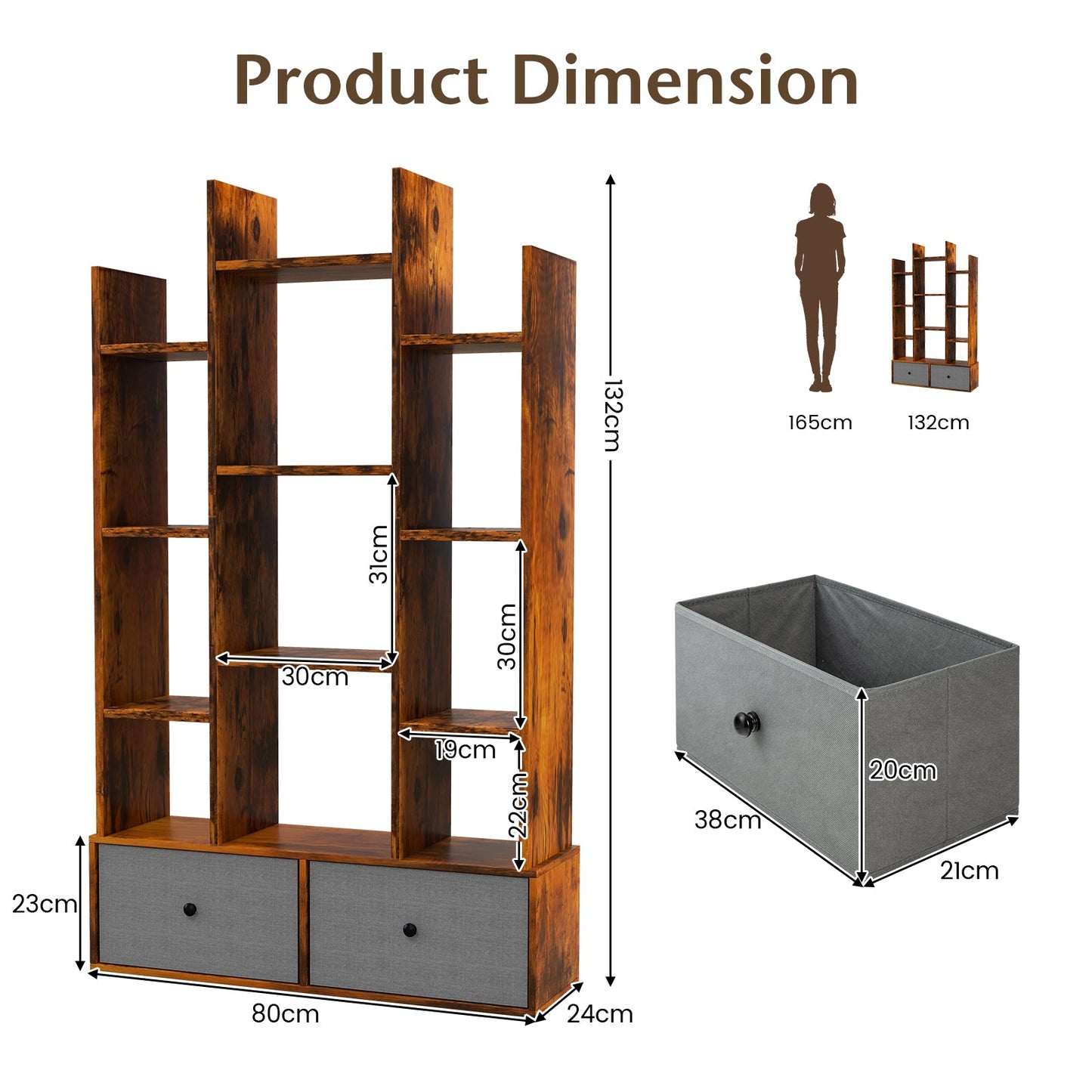 12-Tier Wooden Bookshelf with Folding Drawer for Study Living Room-Brown