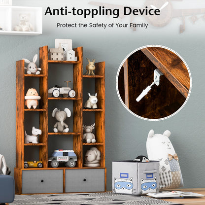 12-Tier Wooden Bookshelf with Folding Drawer for Study Living Room-Brown