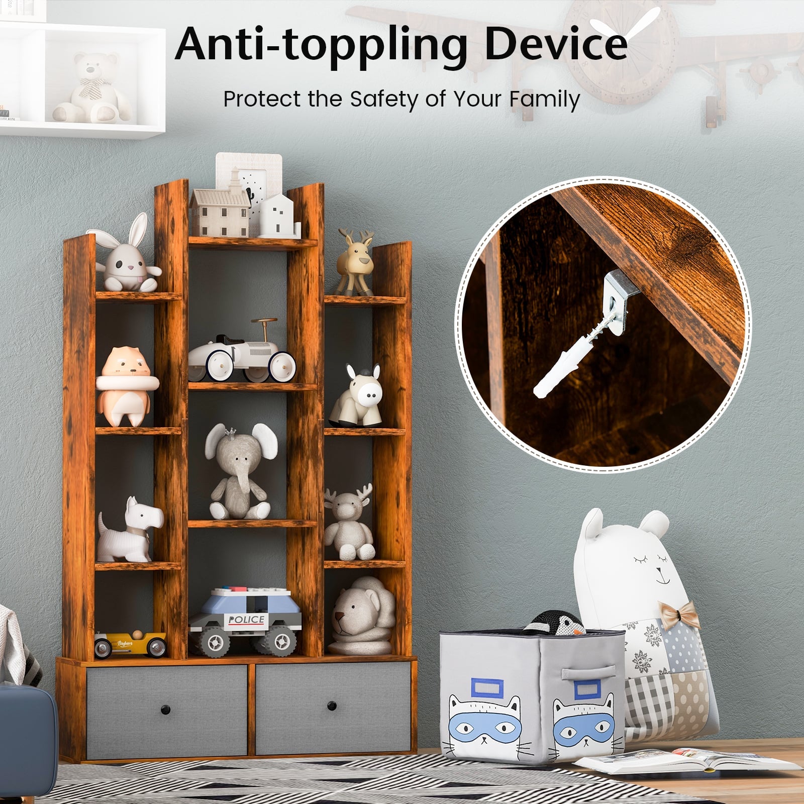 12-Tier Wooden Bookshelf with Folding Drawer for Study Living Room-Brown