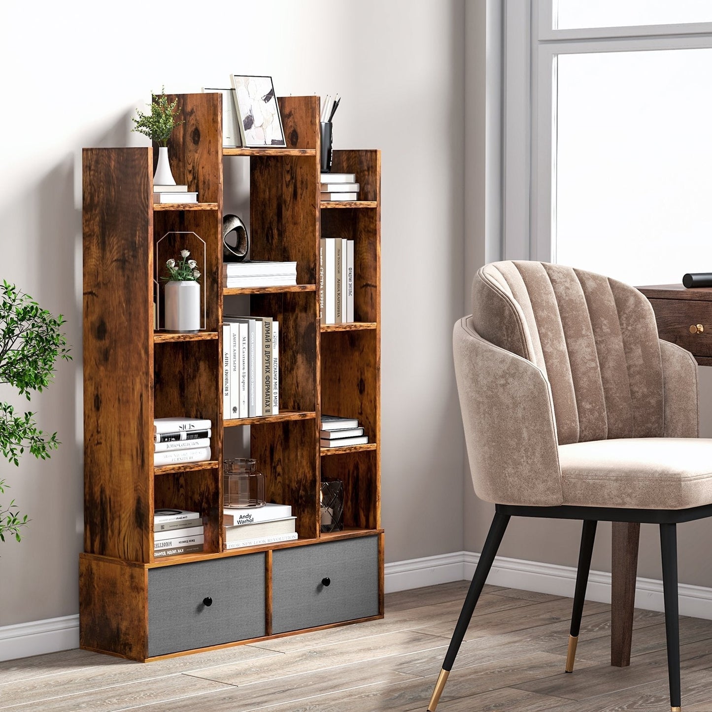 12-Tier Wooden Bookshelf with Folding Drawer for Study Living Room-Brown
