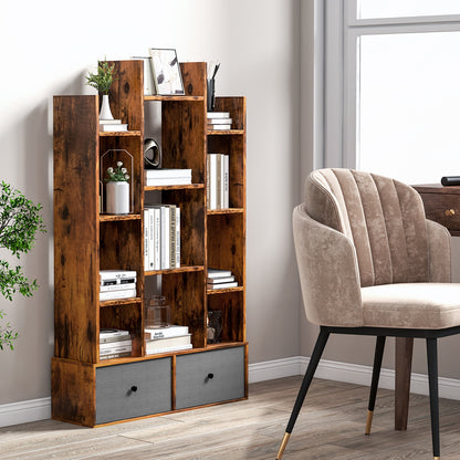 12-Tier Wooden Bookshelf with Folding Drawer for Study Living Room-Brown