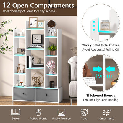 12-Tier Wooden Bookshelf with Folding Drawer for Study Living Room-White