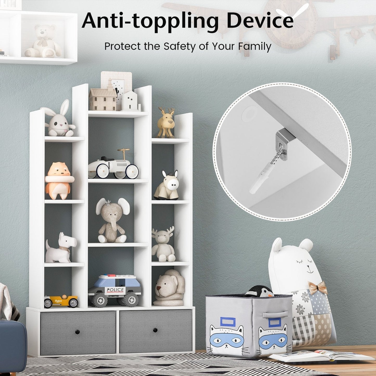 12-Tier Wooden Bookshelf with Folding Drawer for Study Living Room-White