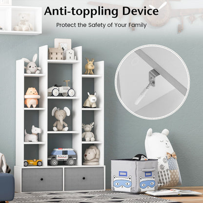 12-Tier Wooden Bookshelf with Folding Drawer for Study Living Room-White