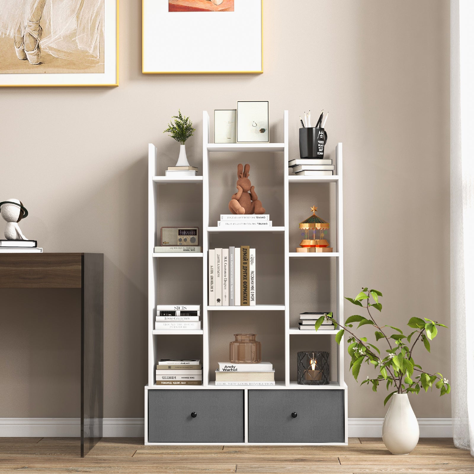 12-Tier Wooden Bookshelf with Folding Drawer for Study Living Room-White