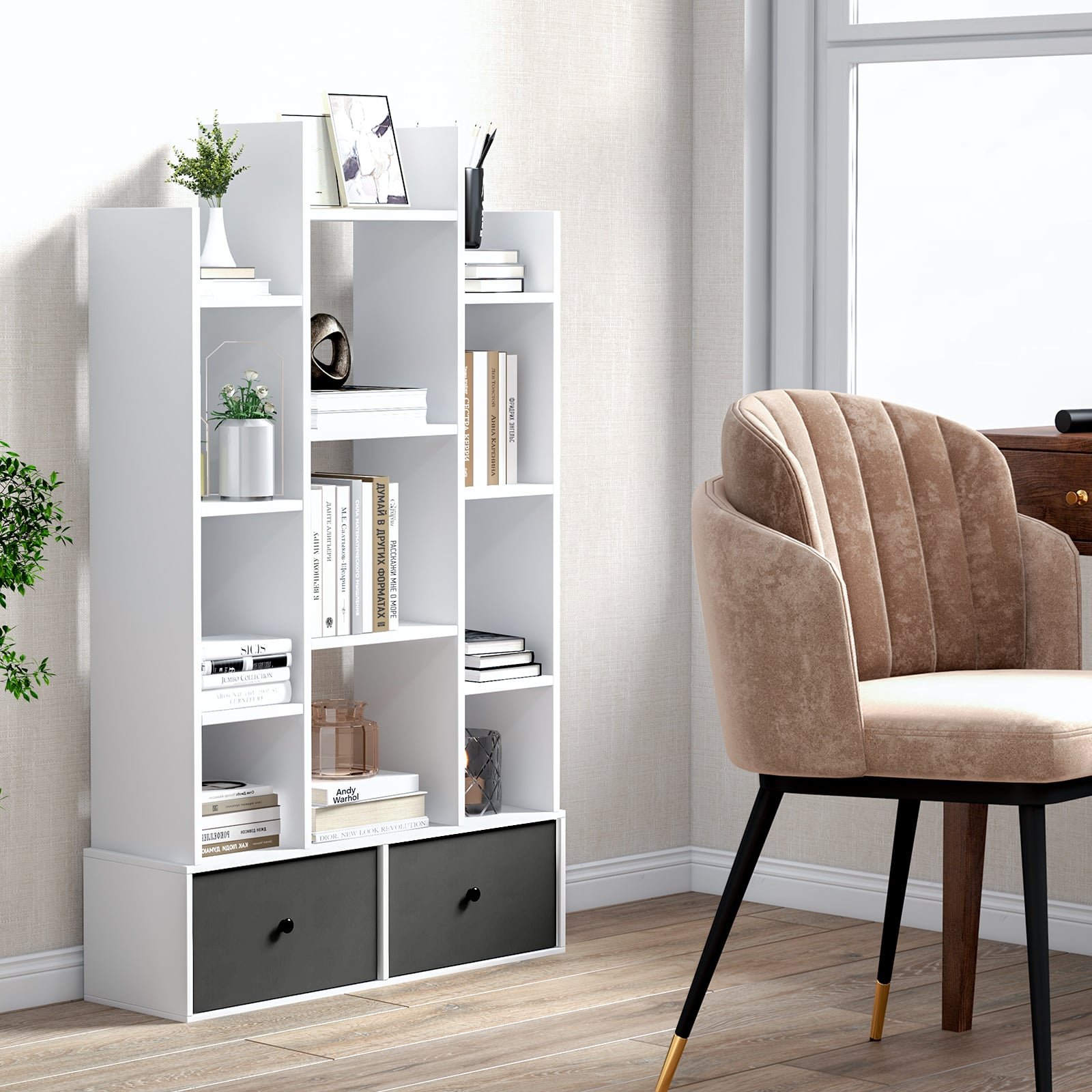 12-Tier Wooden Bookshelf with Folding Drawer for Study Living Room-White