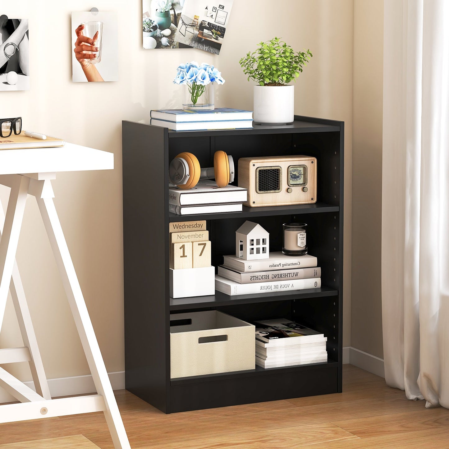 3-Tier Floor Standing Open Bookshelf with Anti-toppling Device-Black