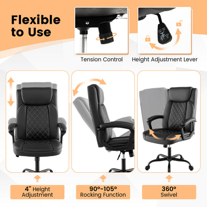 Swivel Office Chair with Padded Armrests and Rolling Metal Base-Black