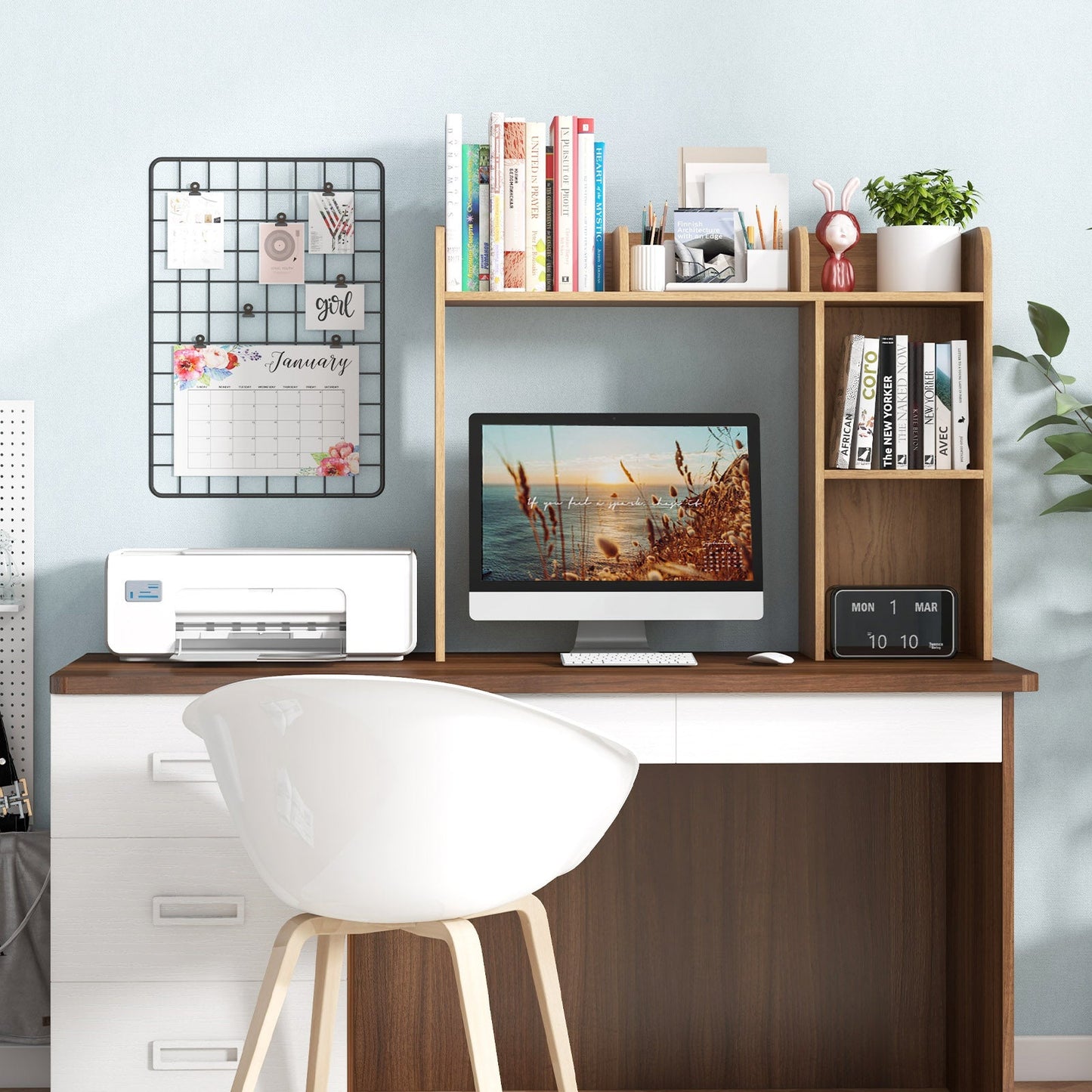 Wooden Desk Bookshelf with 4 Shelves and Open Back Compartment-Natural