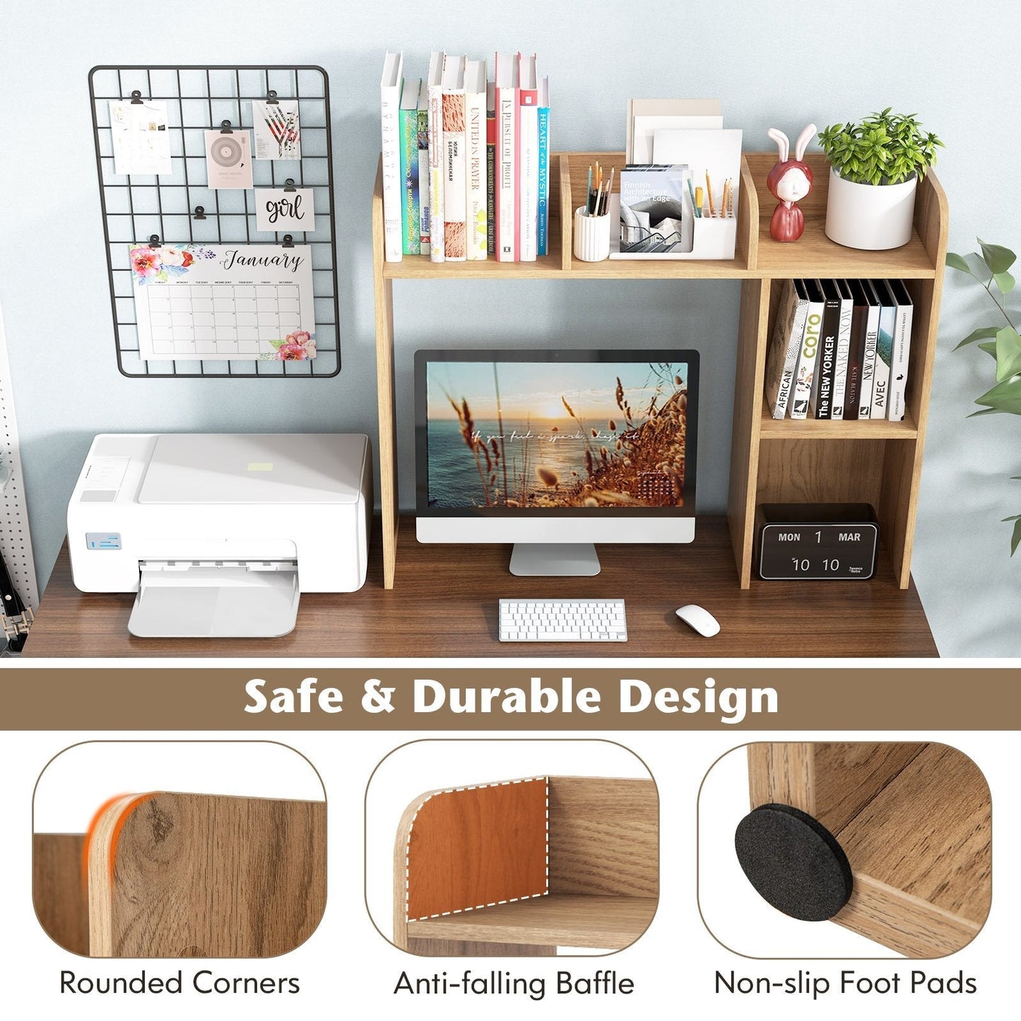 Wooden Desk Bookshelf with 4 Shelves and Open Back Compartment-Natural