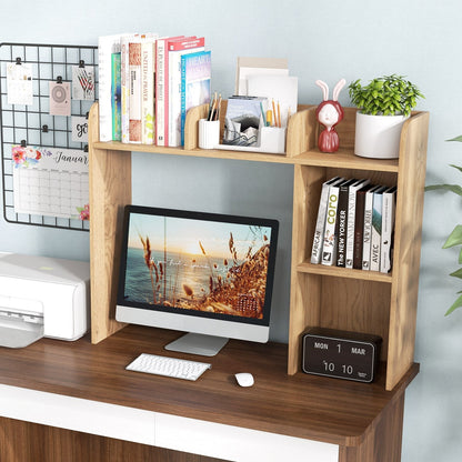 Wooden Desk Bookshelf with 4 Shelves and Open Back Compartment-Natural