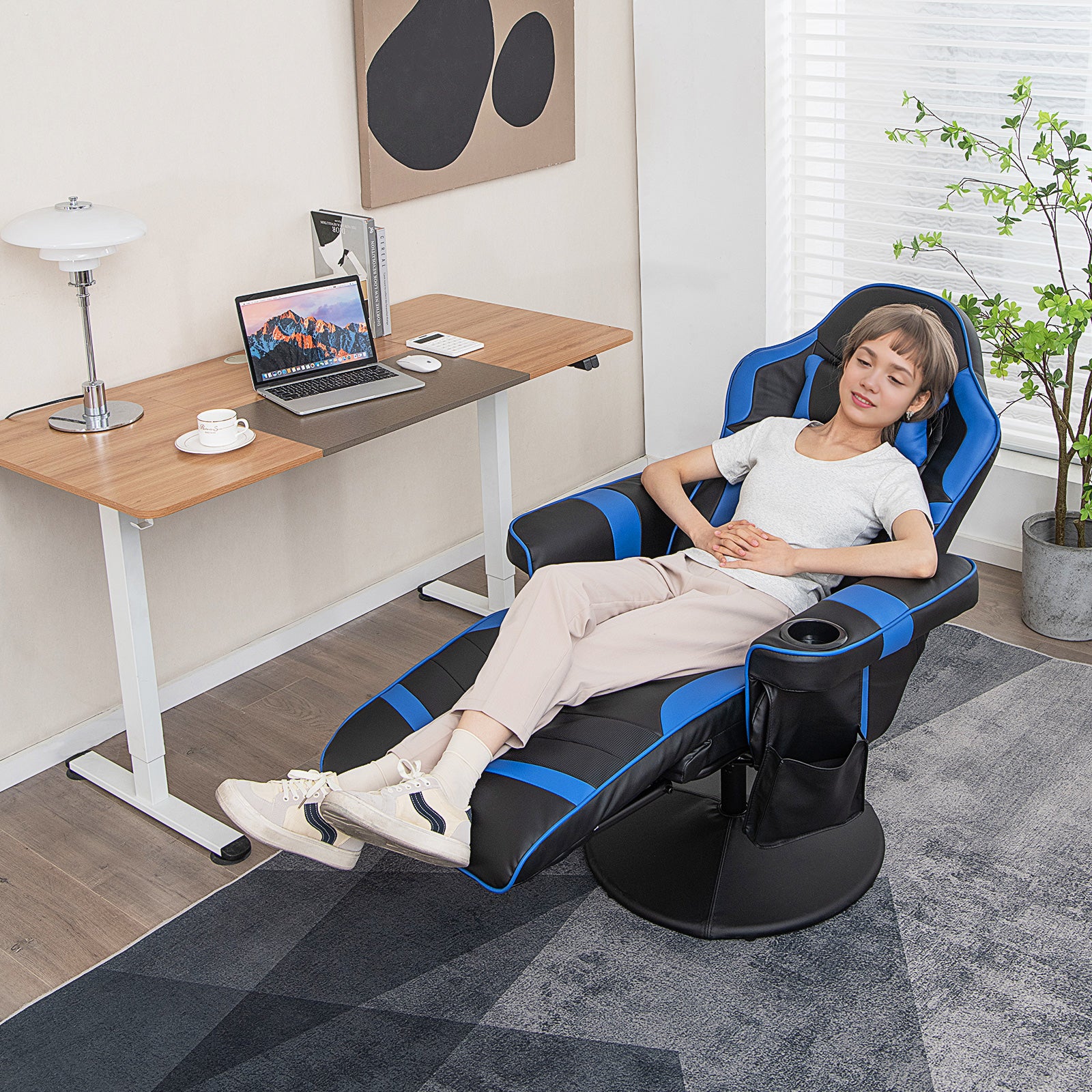 Electric Massage Gaming Chair with Cup Holder and Side Pouch-Blue