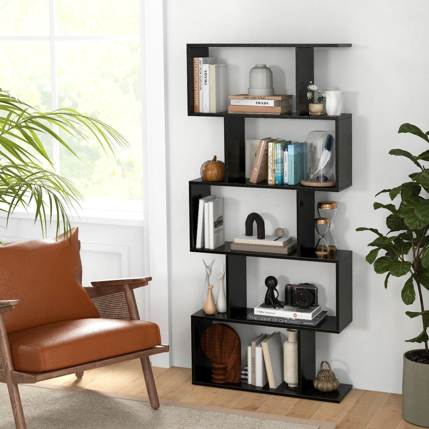 Geometric S-Shaped Bookcase with Anti-Toppling Device for Living Room Home Office-Black