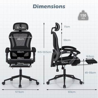 Ergonomic Mesh Office Chair with 2D Headrest and Retractable Footrest-Black