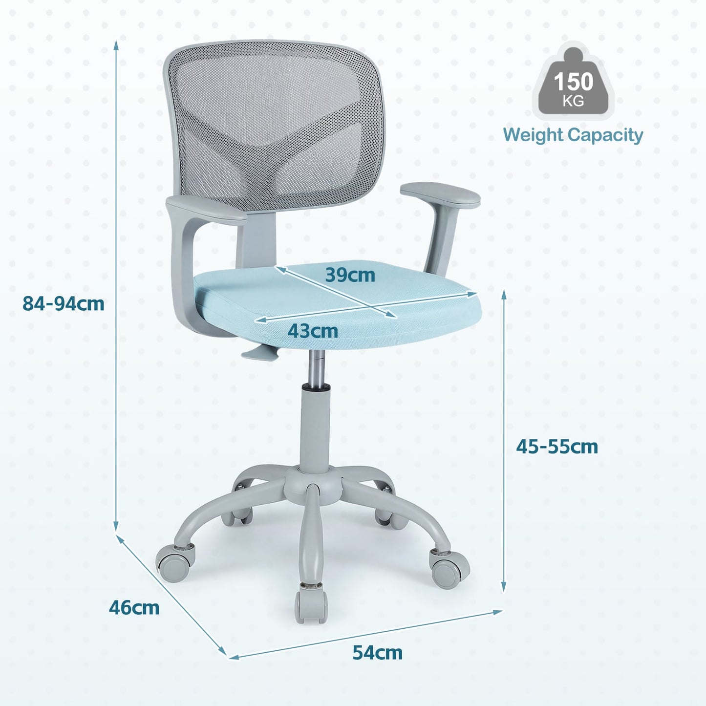 Kids Desk Chair with Adjustable Seat Height and Swivel Wheels for Ages 3+-Blue