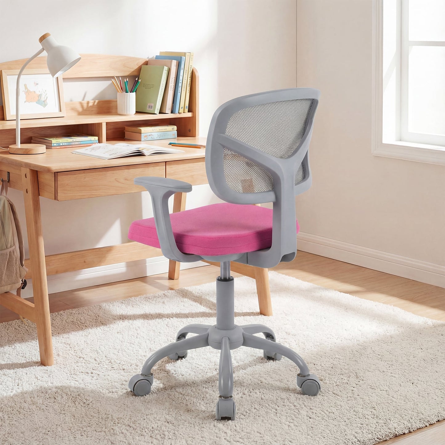 Kids Desk Chair with Adjustable Seat Height and Swivel Wheels for Ages 3+-Rose
