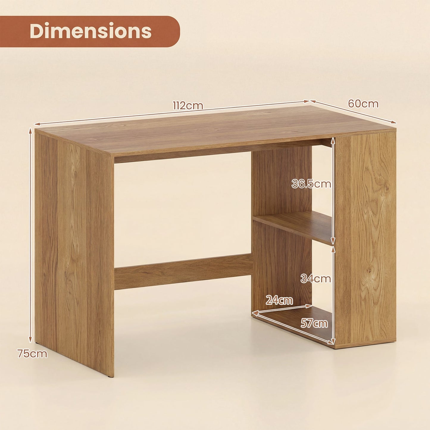 Modern Wooden Office Desk with Storage and 2 Open Shelves-Natural