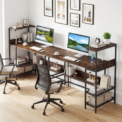 122.5 CM Computer Desk with Power Outlets & Storage Shelves and Headphone Hook for Working-Rustic Brown