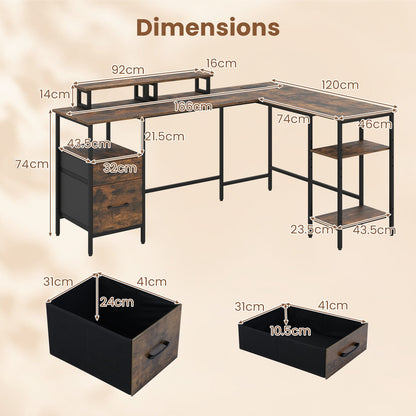L-shaped Desk with Power Outlets Monitor Stand 2 Drawers and Adjustable Shelf-Rustic Brown