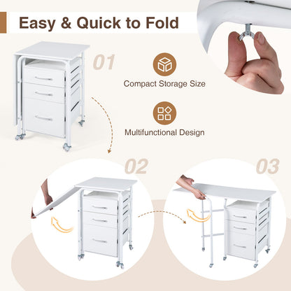 Folding Desk with 3 Drawers Storage & Rolling Wheels for Living Room Space-Saving-White