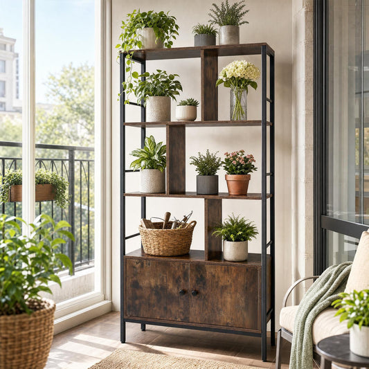 Modern Bookcase with Steel Frame 3-Tier Shelves and 2-Door Cabinet for Living Room-Rustic Brown