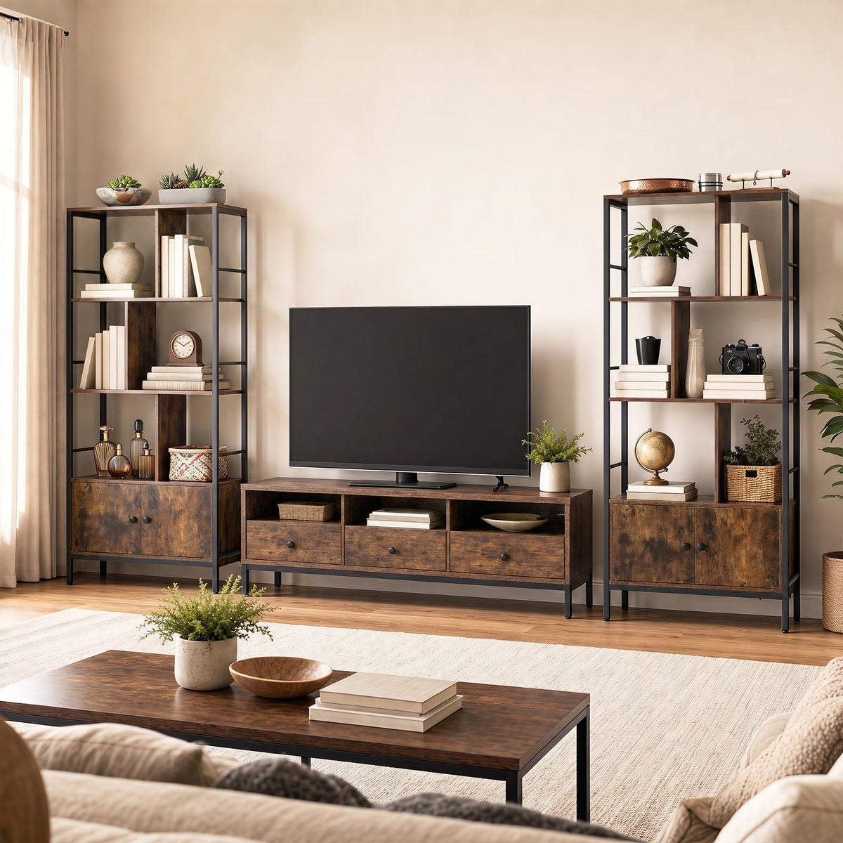 Modern Bookcase with Steel Frame 3-Tier Shelves and 2-Door Cabinet for Living Room-Rustic Brown