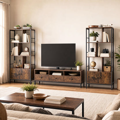 Modern Bookcase with Steel Frame 3-Tier Shelves and 2-Door Cabinet for Living Room-Rustic Brown